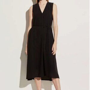 Vince Sleeveless V-Neck Black Midi Dress with Tie Size L